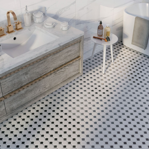 Напольная плитка STARMOSAIC Geometry Octagon small White-Black Matt 56x56*23x23 