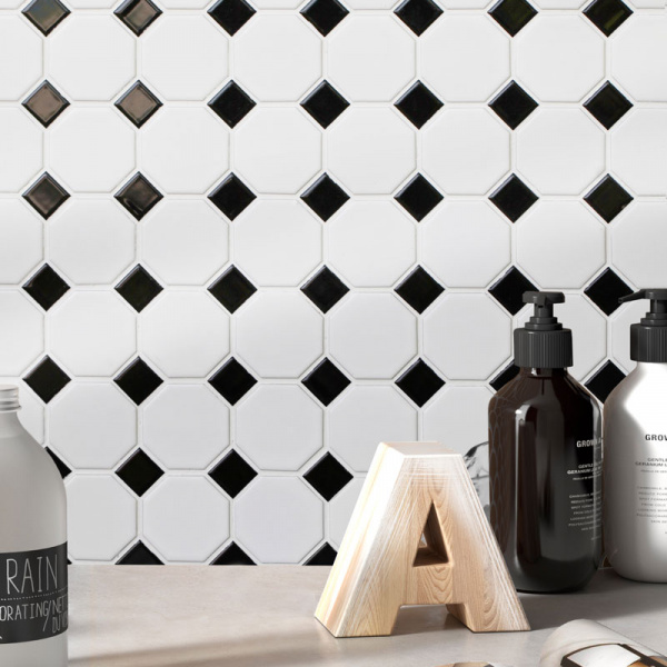 Напольная плитка STARMOSAIC Geometry Octagon small White-Black Matt 56x56*23x23 